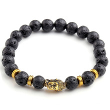 Le bracelet chanceux antique de lave de noir a perlé le bracelet de tête de Bouddha d&#39;or pour des hommes